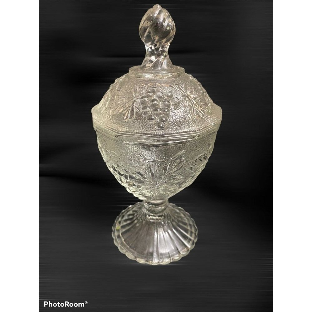 Vintage Glass Compote Pedestal Covered Candy Dish Grapes & Vines EAPG Imperial